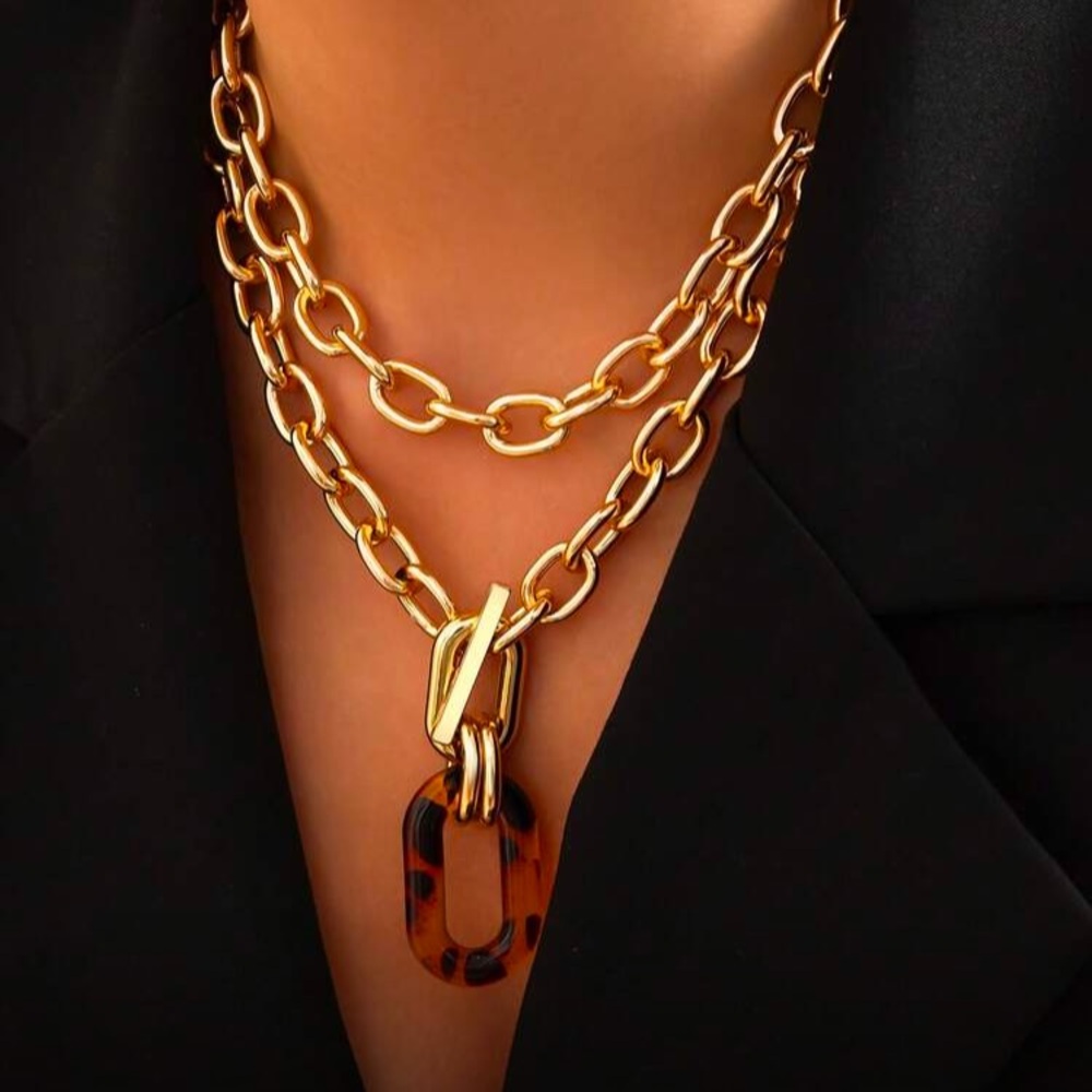 Gold Double-Chain Necklace with Tortoiseshell Pendant